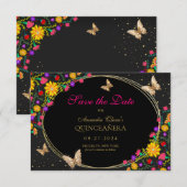 Mexicaanse Bloemen Zwart Gouden Vlinder Quinceaner Notitiekaartje (Voorkant / Achterkant)