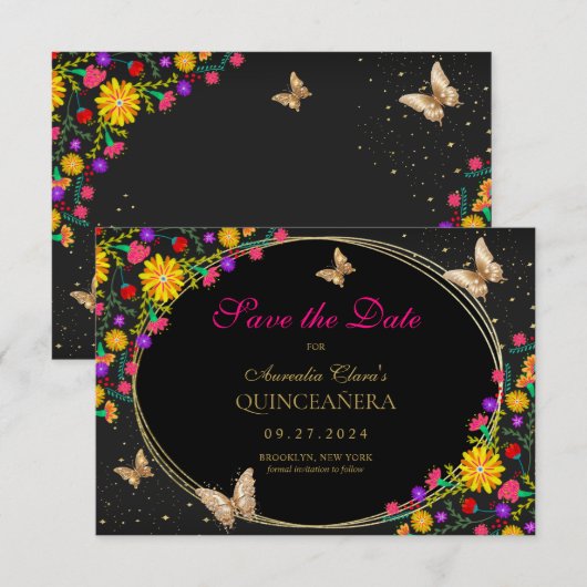 Mexicaanse Bloemen Zwart Gouden Vlinder Quinceaner Notitiekaartje (Voorkant / Achterkant)
