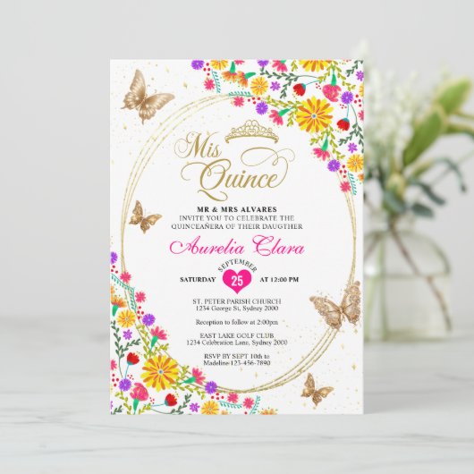 Mexicaanse bloemengoud tiara vlinder Quinceañera Kaart (Staand voorkant)