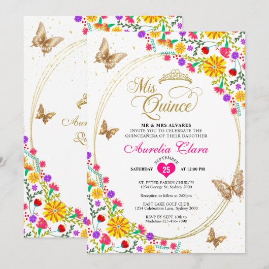 Mexicaanse bloemengoud tiara vlinder Quinceañera Kaart (Voorkant / Achterkant)