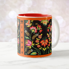 Mexicaanse borduurwerk Floral JOUW NAAM Coffee Cup Tweekleurige Koffiemok