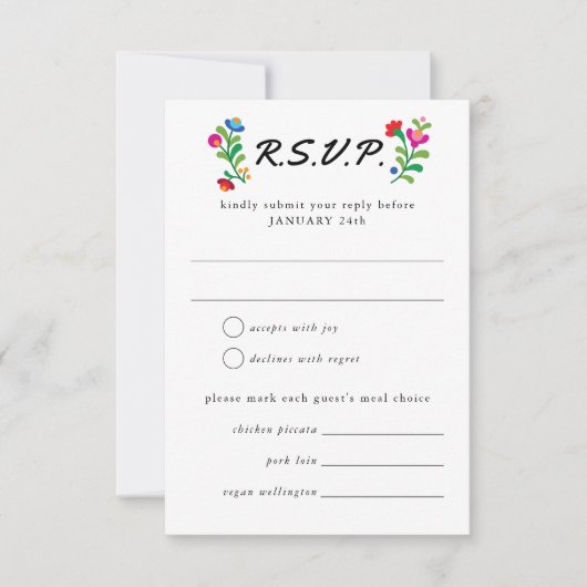 Mexicaanse borduurwerk kleurrijke bruiloft RSVP kaartje (Voorkant)