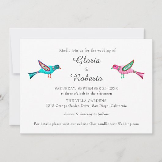 Mexicaanse Bruiloft Roze & Blauw Lovebirds Boho Kaart (Voorkant)