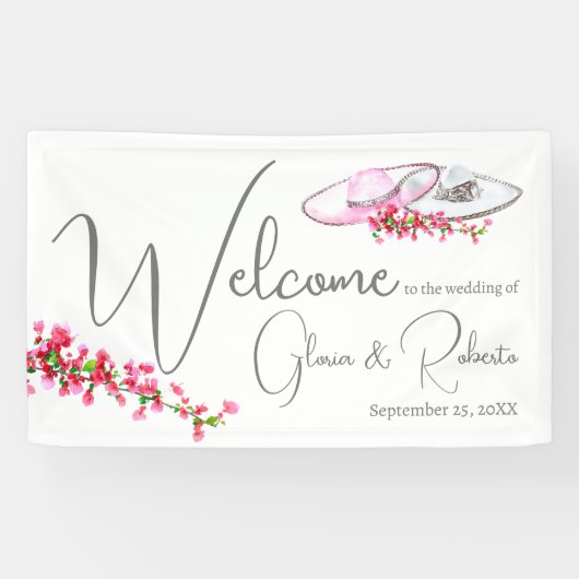 Mexicaanse bruiloft Sombrero Floral Groot welkomst Spandoek (Horizontaal)