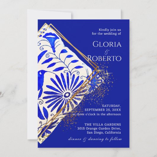 Mexicaanse Bruiloft Talavera Blauw Gouden Elegant Kaart (Voorkant)