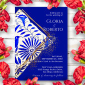 Mexicaanse Bruiloft Talavera Blauw Gouden Elegant Kaart