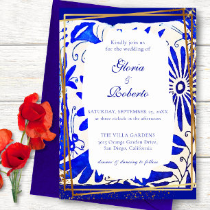 Mexicaanse Bruiloft Talavera Blauw & Gouden Kaart