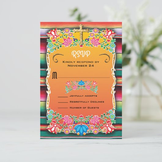 Mexicaanse bruiloft tapijt en bloemen RSVP (Staand voorkant)