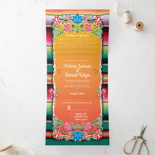 Mexicaanse bruiloft tapijt en bloemenbruiloft drieluik uitnodiging (Binnen)