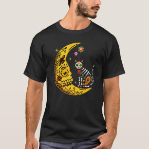 Mexicaanse Calavera Kat Met Maan Dia de Muertos Fe T-shirt