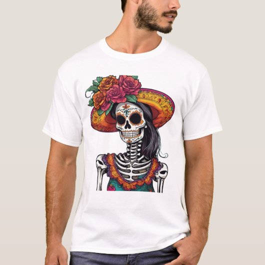 Mexicaanse Catrina Skeleton Art T-shirt (Voorkant)