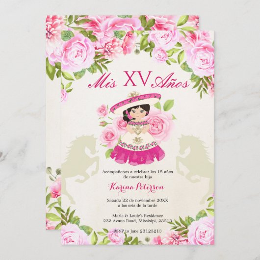Mexicaanse Charra 15 Quinceanera Uitnodiging (Voorkant / Achterkant)