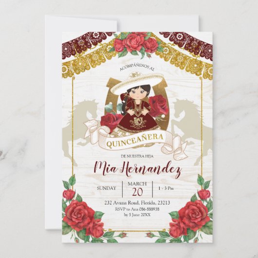 Mexicaanse Charra Burgundy Red Quinceanera Western Kaart (Voorkant)