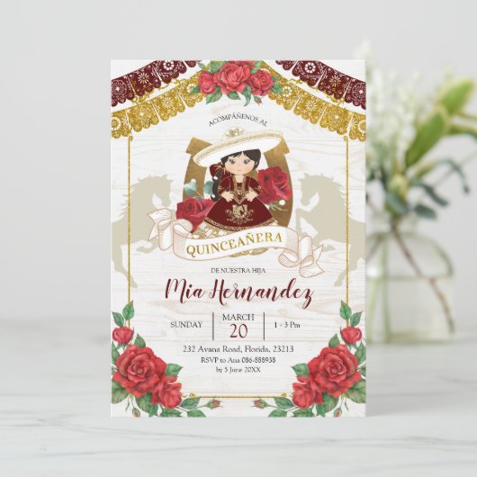Mexicaanse Charra Burgundy Red Quinceanera Western Kaart (Staand voorkant)