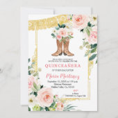 Mexicaanse Charro-laarzen Roze en Gouden Quinceañe Kaart (Voorkant)