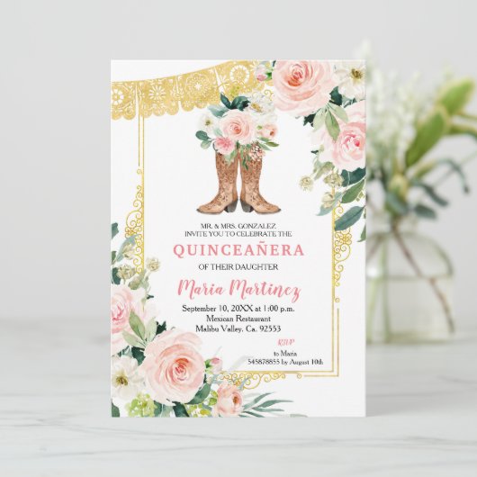 Mexicaanse Charro-laarzen Roze en Gouden Quinceañe Kaart (Staand voorkant)