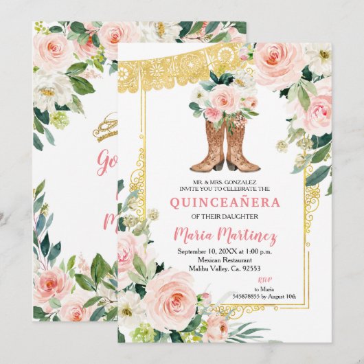 Mexicaanse Charro-laarzen Roze en Gouden Quinceañe Kaart (Voorkant / Achterkant)