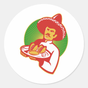 Mexicaanse chef-kok serveert taco burrito empanada ronde sticker
