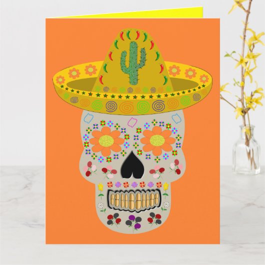 Mexicaanse dag van de dode schedel - douanekaart kaart (Gele Bloem)