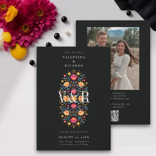 Mexicaanse Elegante Moderne Bloemen QR Fotobruilof Save The Date