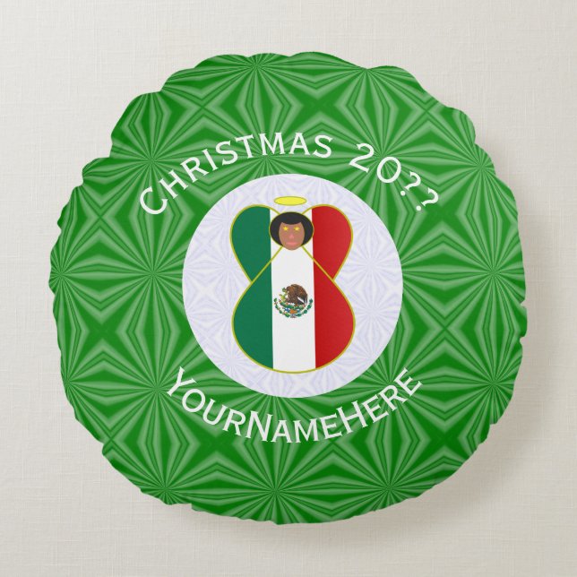 Mexicaanse engel kerst vlag gepersonaliseerd rond kussen (Voorkant)