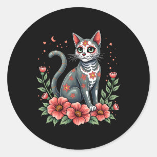 Mexicaanse erfgoed kat suiker schedel met bloemen ronde sticker