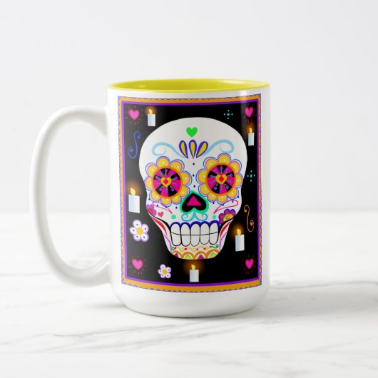 Mexicaanse feestdag van de dode suikerschedel tweekleurige koffiemok (Links)