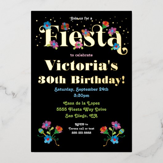 Mexicaanse Fiesta Birthday Party met borduurwerk F Folie Uitnodiging (Voorkant)