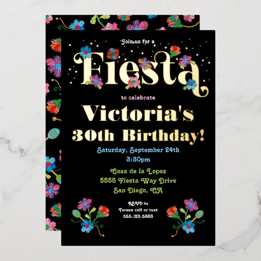 Mexicaanse Fiesta Birthday Party met borduurwerk F Folie Uitnodiging (Voorkant / Achterkant)