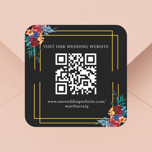 Mexicaanse Fiesta Bloem Bruiloft QR Code Zwart Vierkante Sticker