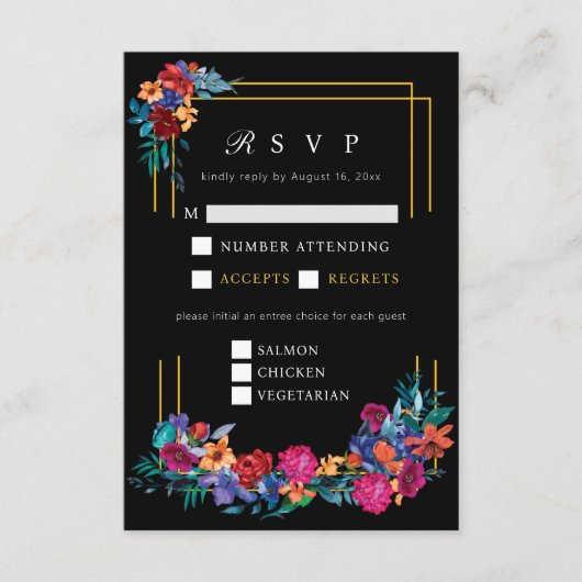 Mexicaanse Fiesta Bloem Bruiloft Zwart RSVP Informatiekaartje (Voorkant)