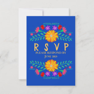 Mexicaanse Fiesta Bloemen Royal Blue Quinceanera RSVP Kaartje