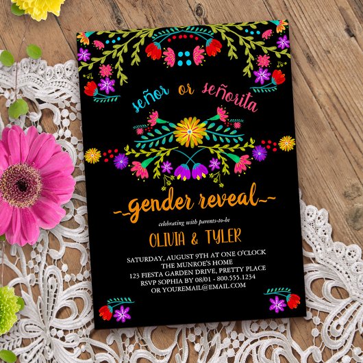 Mexicaanse Fiesta Bloemen Zwart Kleurrijke Geslach Kaart