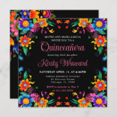 Mexicaanse Fiesta Bloemen Zwart Quinceanera Kaart (Voorkant / Achterkant)