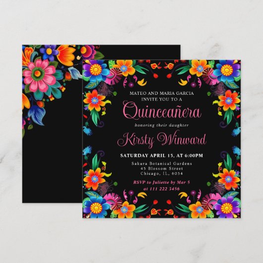 Mexicaanse Fiesta Bloemen Zwart Quinceanera Kaart (Voorkant / Achterkant)