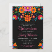 Mexicaanse Fiesta Bloemen Zwart Quinceanera Kaart (Voorkant)