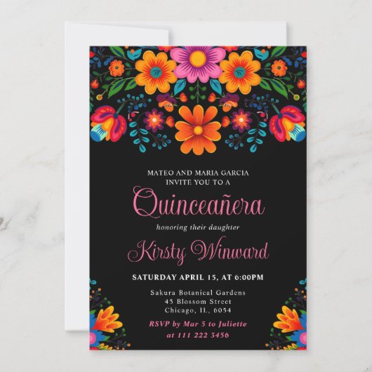 Mexicaanse Fiesta Bloemen Zwart Quinceanera Kaart (Voorkant)