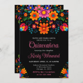 Mexicaanse Fiesta Bloemen Zwart Quinceanera Kaart (Voorkant / Achterkant)