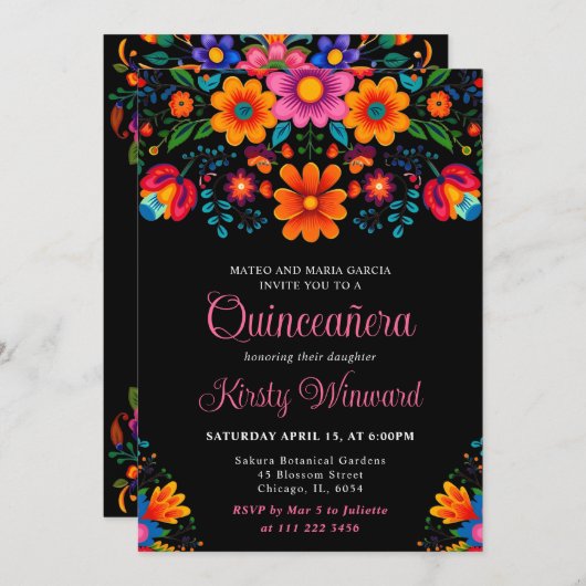 Mexicaanse Fiesta Bloemen Zwart Quinceanera Kaart (Voorkant / Achterkant)