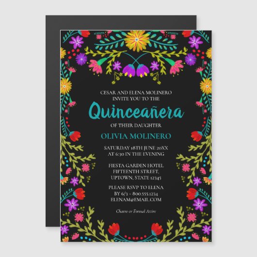 Mexicaanse Fiesta Bloemen Zwart Quinceanera Party Magnetische Uitnodiging (Voorkant / Achterkant)