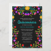 Mexicaanse Fiesta Bloemen Zwart Quinceanera Party Magnetische Uitnodiging (Voorkant)