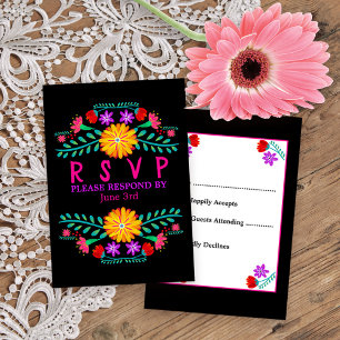 Mexicaanse Fiesta Bloemen Zwart Quinceanera RSVP Kaartje