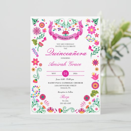 Mexicaanse Fiesta Borduurwerk Quinceañera Uitnodig Kaart (Staand voorkant)