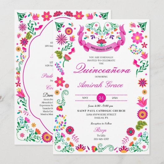 Mexicaanse Fiesta Borduurwerk Quinceañera Uitnodig Kaart (Voorkant / Achterkant)