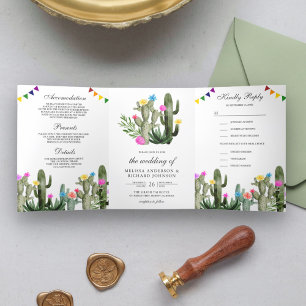 Mexicaanse Fiesta Cactus Bloemen All-in-One Bruilo Drieluik Uitnodiging