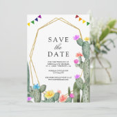 Mexicaanse Fiesta Cactus Bloemen Foto Bruiloft Save The Date (Staand voorkant)