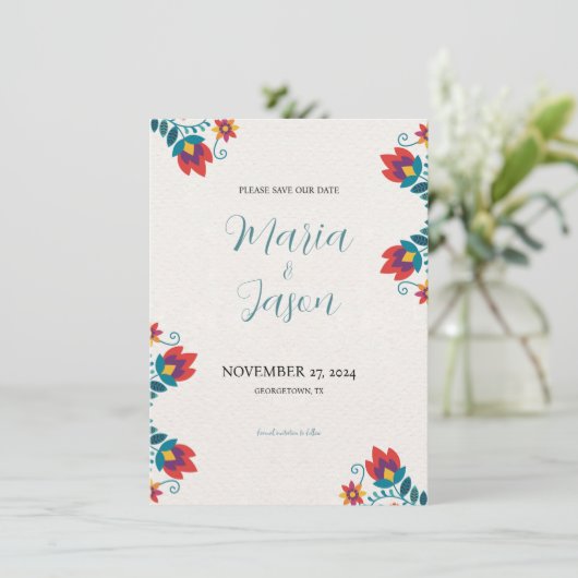 Mexicaanse Fiesta Elegante Kleurrijke Bloemen Huwe Save The Date (Staand voorkant)