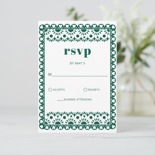 Mexicaanse Fiesta Emerald Papel Picado Boho Weddin RSVP Kaartje (Staand voorkant)