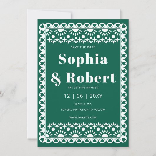 Mexicaanse Fiesta Emerald Papel Picado Boho Weddin Save The Date (Voorkant)