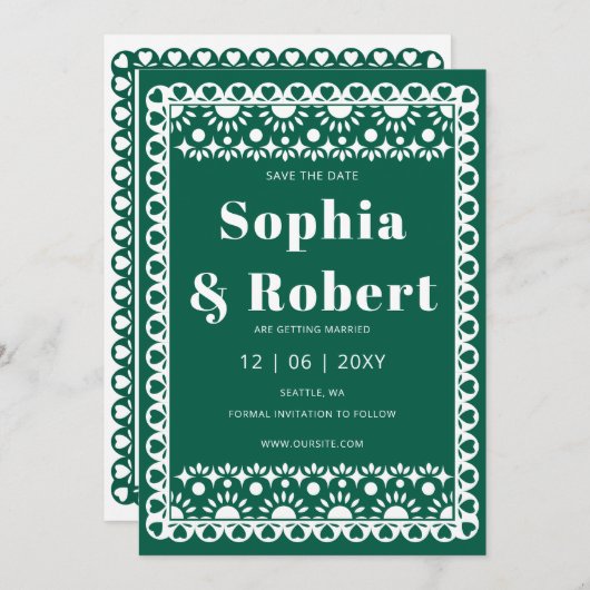 Mexicaanse Fiesta Emerald Papel Picado Boho Weddin Save The Date (Voorkant / Achterkant)